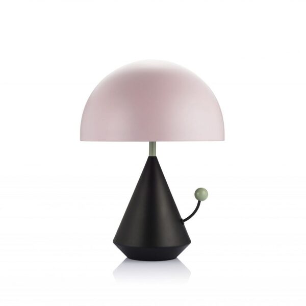 The table lamp is a perfectly balanced piece consisting of a pyramidal base topped with an elegant dome-shaped lampshade.